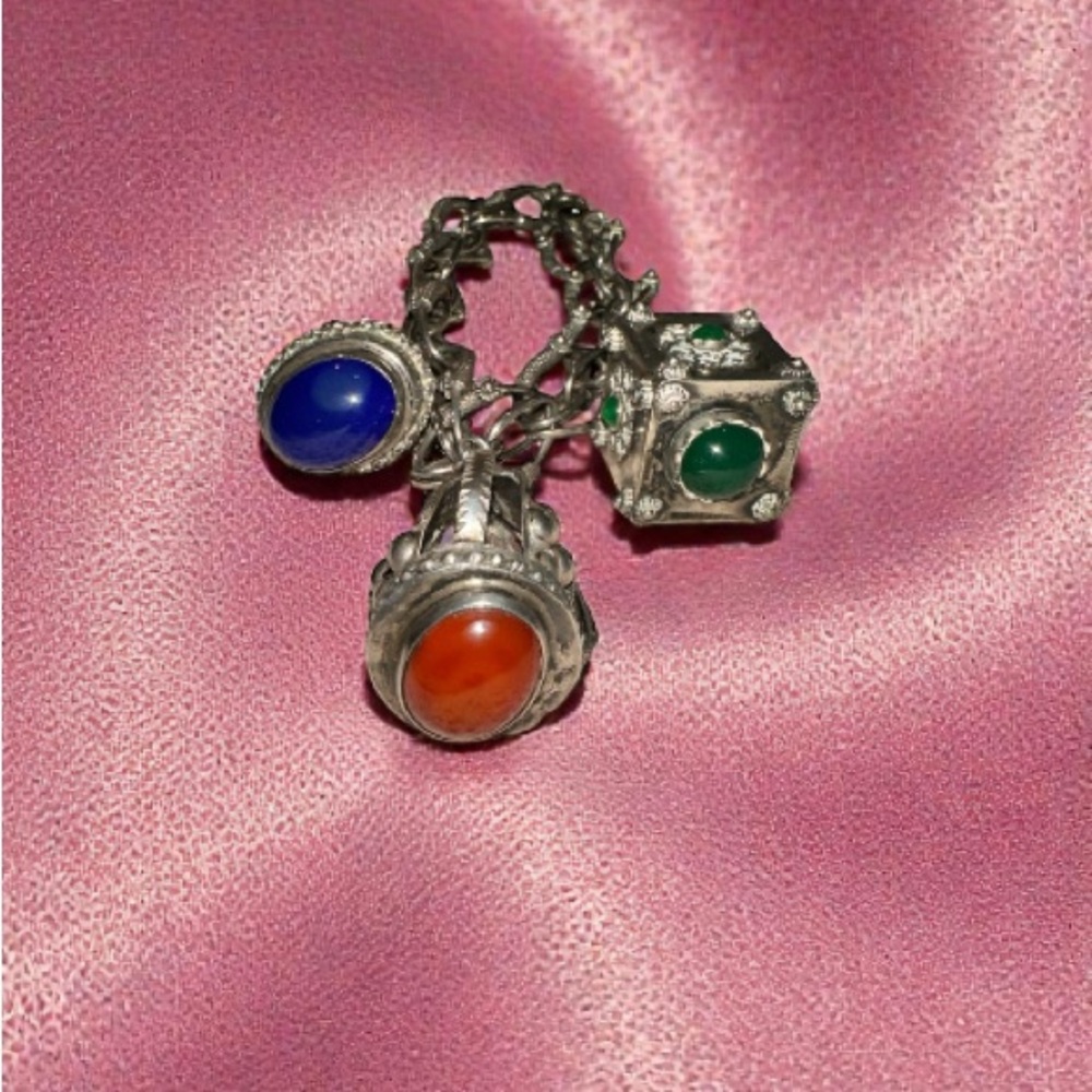 ANTIQUE .800 HUGE multi-coloured Charm Bracelet 7-1/2  47 grams Edwardian Era
